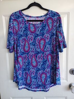 Chico's Blue Paisley Short Sleeve Lightweight Scoop Neck Top Size 2 (Large)